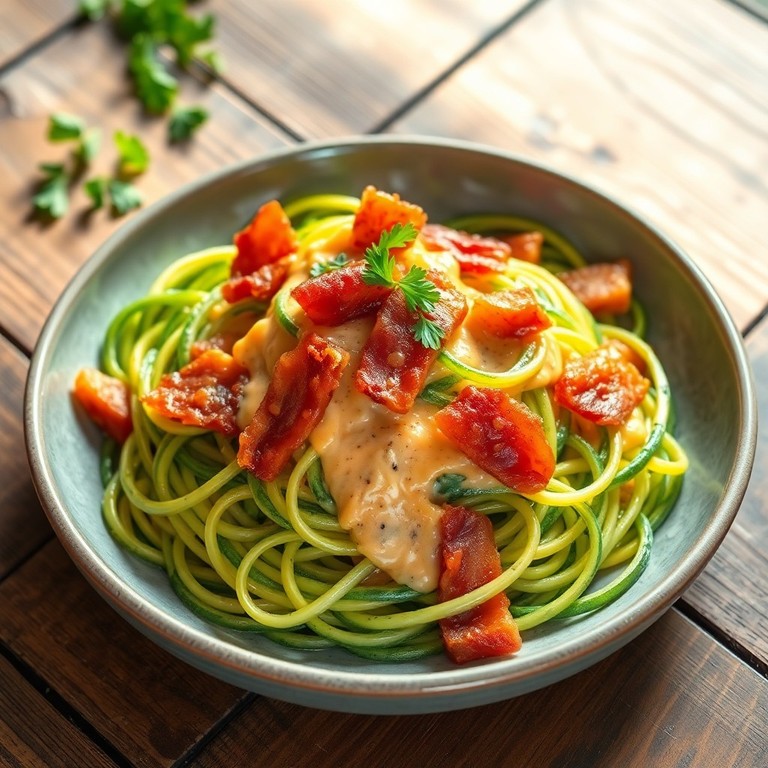 Zucchini-Spaghetti mit knusprigem Speck und cremiger Paprika-Sahne-Soße