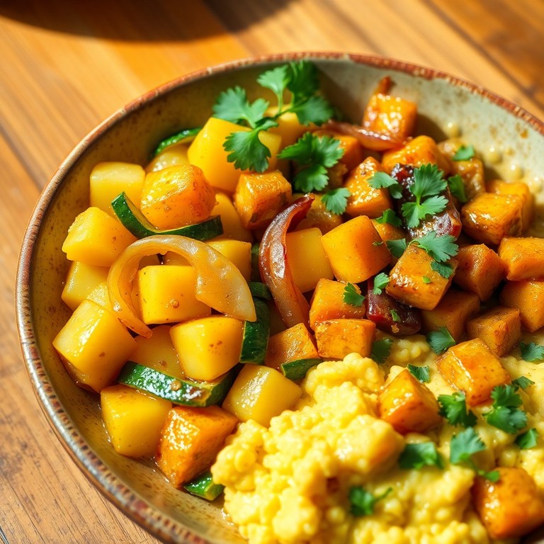Salteado Tropical con Calabacín, Papa y Cebolla acompañado de Revuelto de Plátano y Huevo