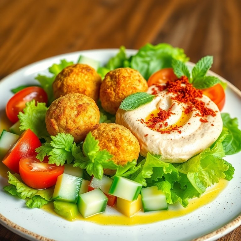 Ensalada árabe con falafel y salsa de hummus