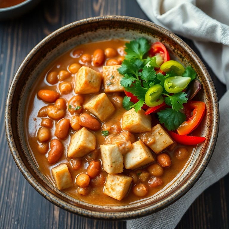 Cremiges Tofu-Gulasch mit Bohnen und frischem Salat – Paprikafrei