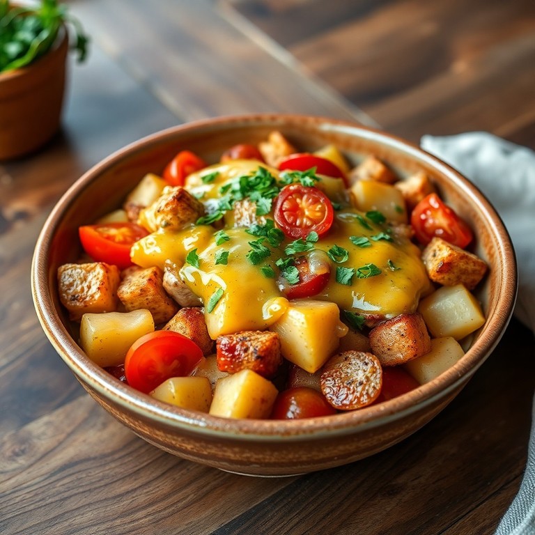 Теплый салат с курицей, ветчиной и сыром