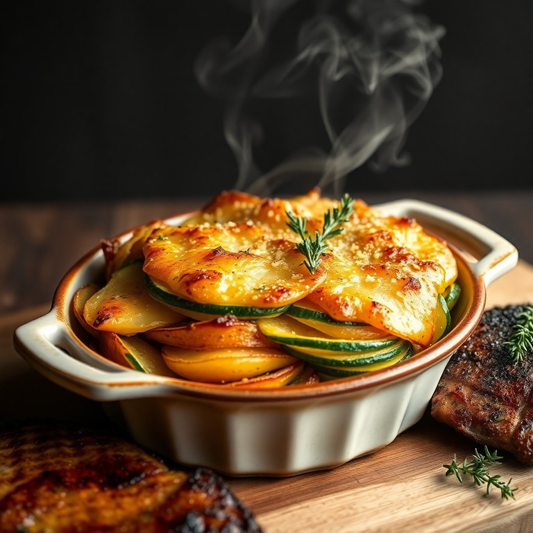 Gerookte aardappel en courgette gratin