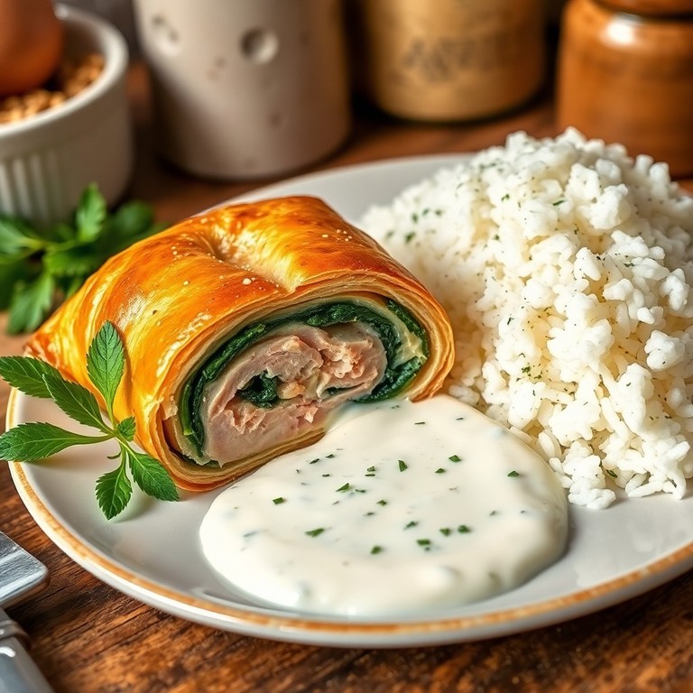 Gefüllte Blätterteigrolle mit Putenbrust, Spinat und Schafskäse