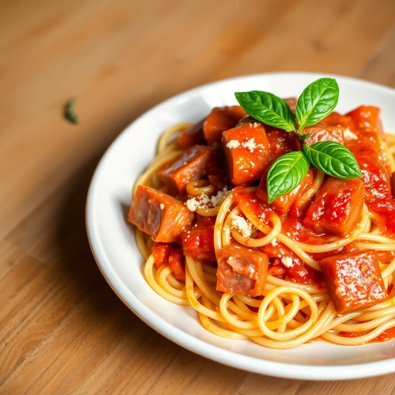 Spaghetti à la sauce tomate et jambon de pays