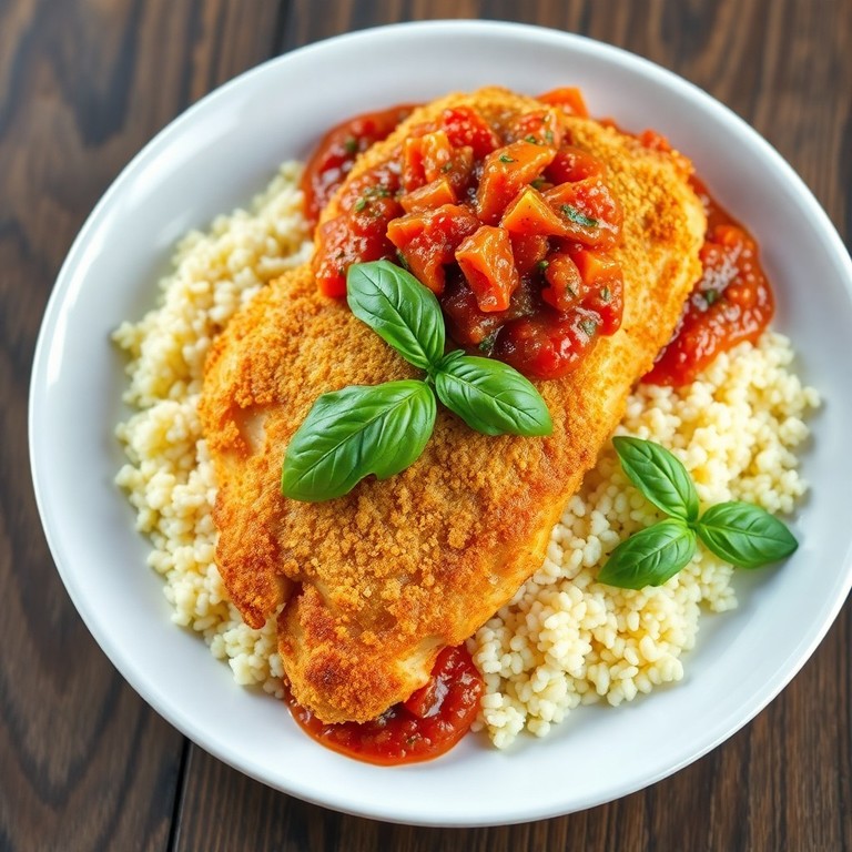 Poulet pané à la sauce tomate et semoule
