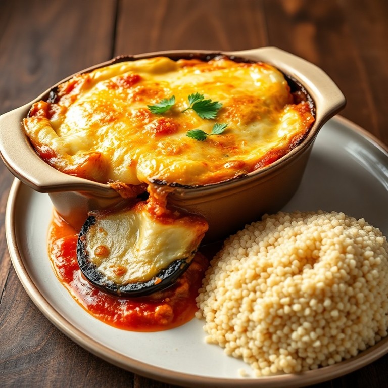 Gratin d'aubergines et tomates aux épices douces, quinoa parfumé