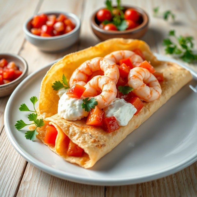 Tapioca Recheada com Camarão, Ricota e Tomate