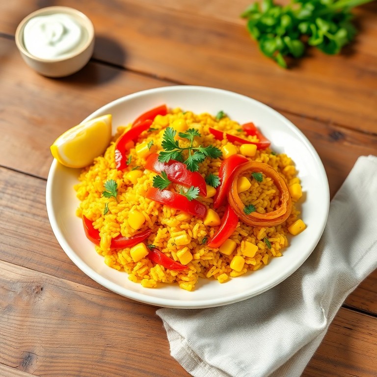 Würziges Paprika-Reisgericht mit Mais und Zwiebeln