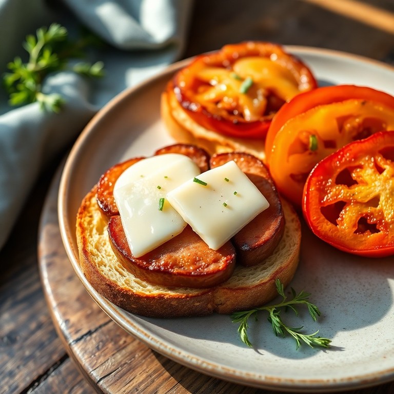 Тосты с сосисками, брынзой и жареными помидорами