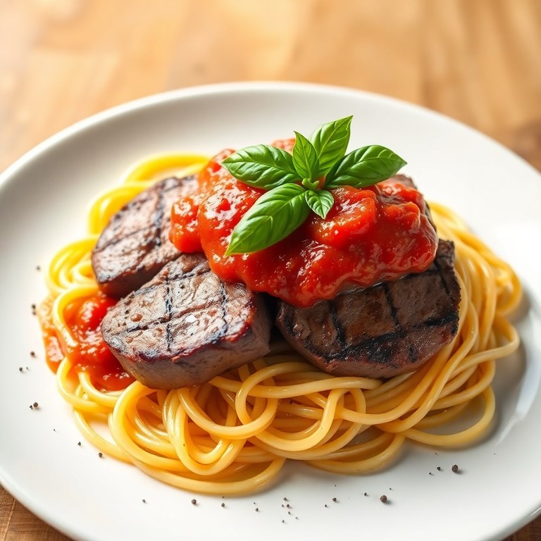 Filé Mignon ao Molho de Tomate com Macarrão ao Alho