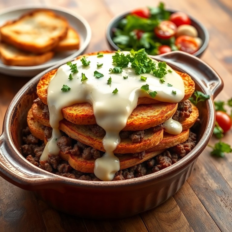 Mil-folhas de Carne Moída e Pão com Molho Cremoso