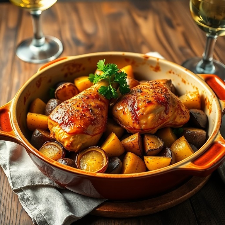 Запечённые куриные голени с картофелем, луком и баклажаном