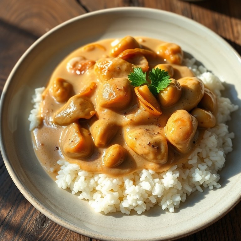 Arroz cremoso con pollo y cebolla en salsa de leche y mayonesa