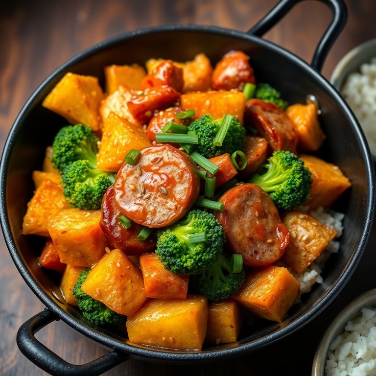 Sauté de brocoli, patates et saucisses à l'asiatique