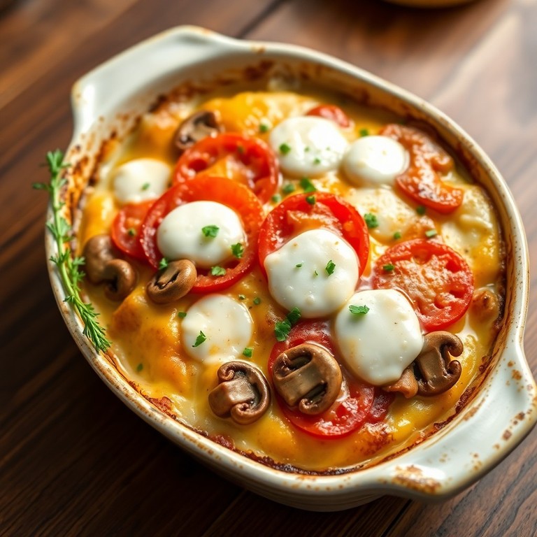 Gratin de champignons, tomates et fromage fondu
