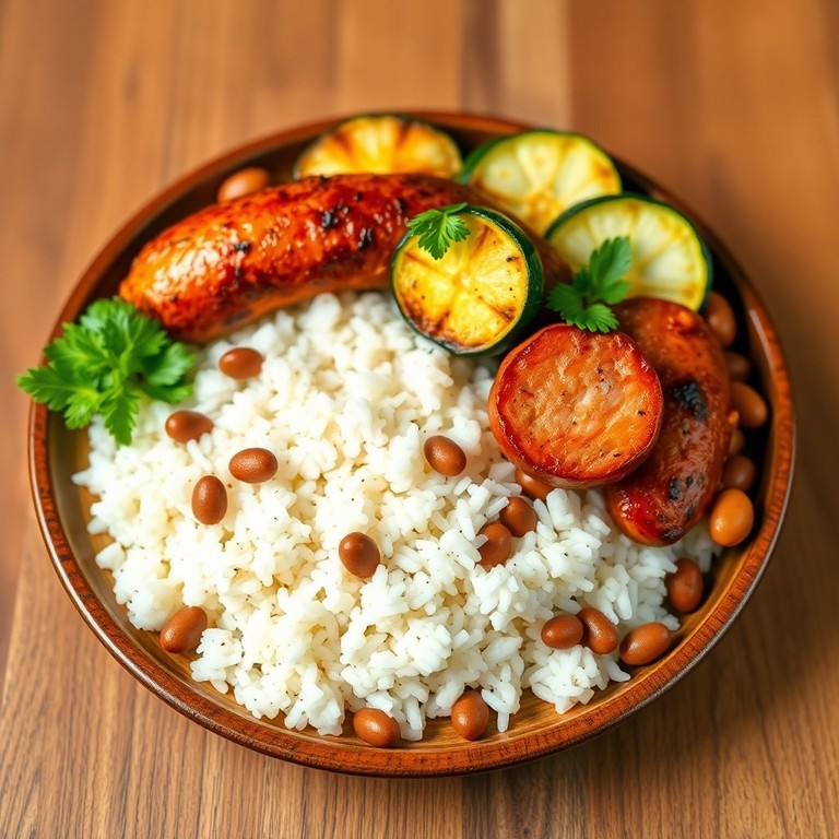 Salada Quente de Abobrinha e Linguiça Calabresa Fresca Assada no Forno com Arroz