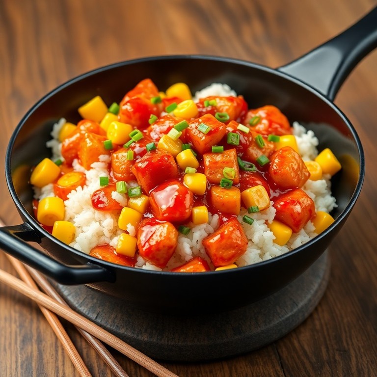 Stir-fry de Arroz, Milho, Molho Vermelho e Chiquenitos