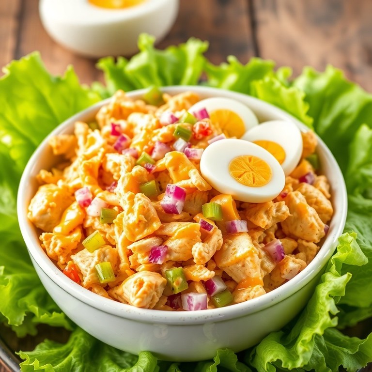 Ensalada de pollo y huevos con aderezo de curry y tomate