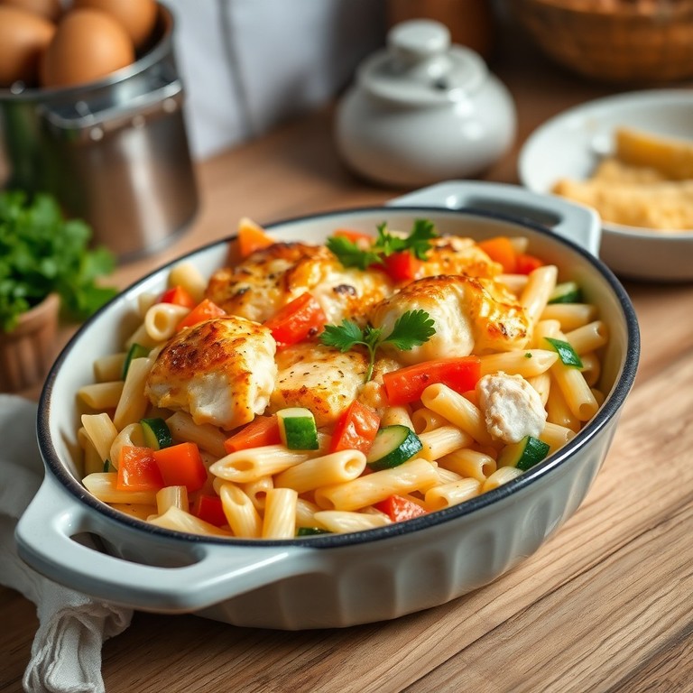 Proteinreicher Hähnchen-Gemüse-Nudel-Auflauf mit Zucchini und Quark