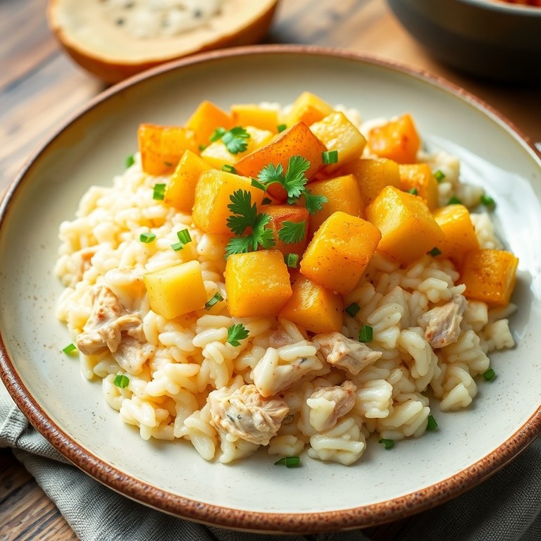 Arroz Cremoso com Frango Desfiado e Batatas Crocantes