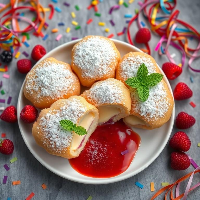 Schnelle Fastnacht-Krapfen mit Vanillepudding und Beeren-Soße