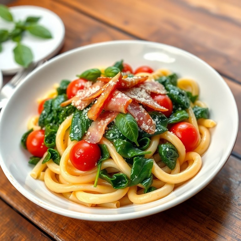 Pâtes aux épinards, tomates cerises et jambon sec