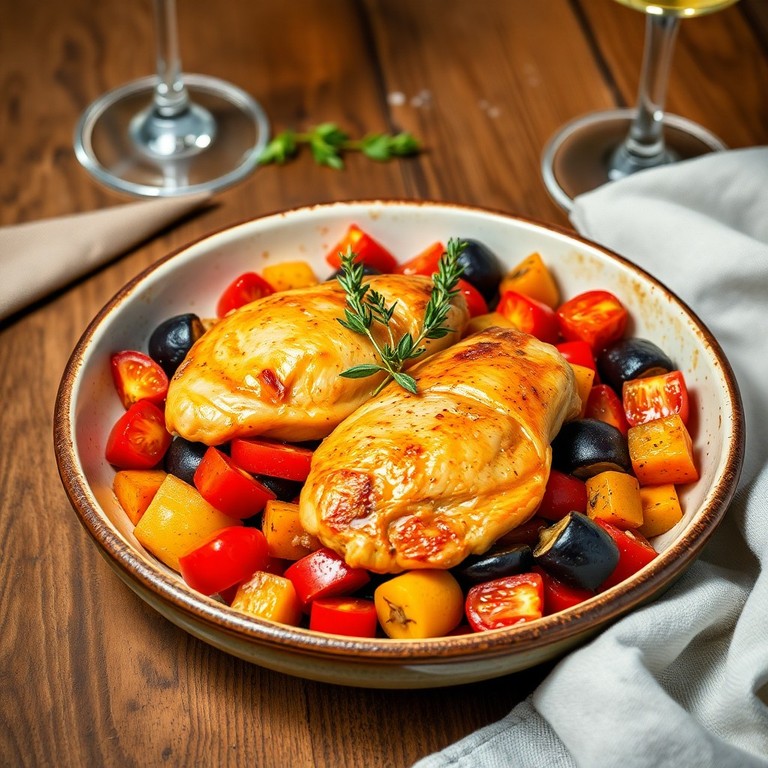 Pollo al horno con verduras mediterráneas