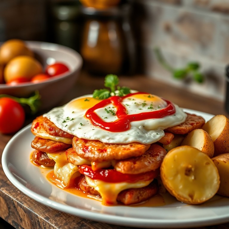 Tomate y Huevo con Queso, Salchicha y Filete de Pollo