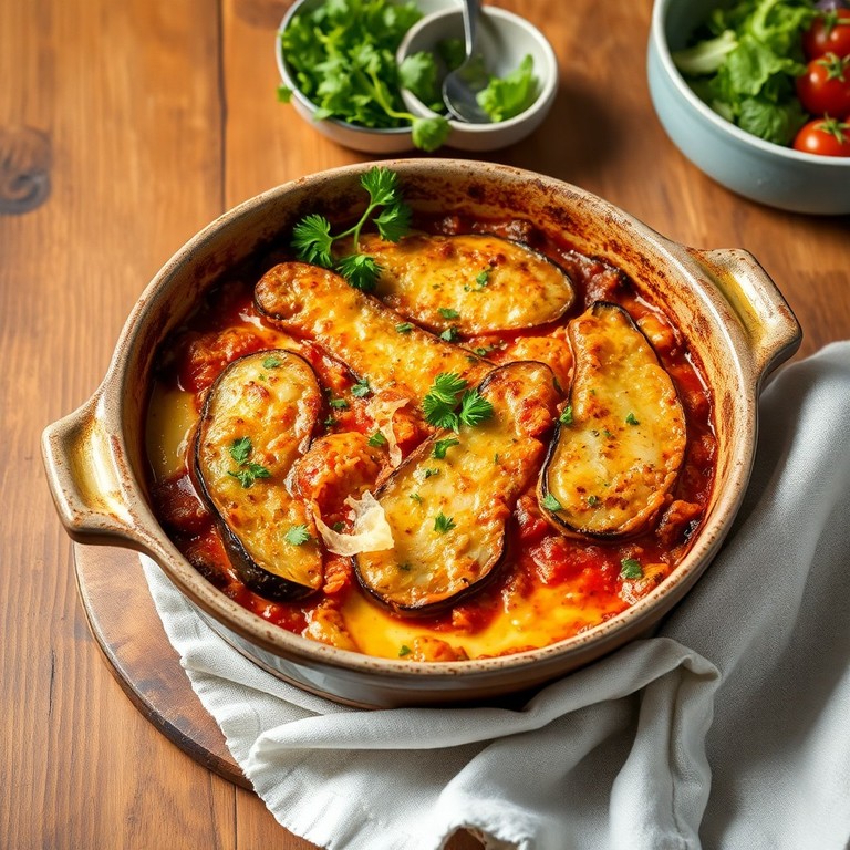 Makrelen-Auberginen-Auflauf mit Tomatensauce und Käse