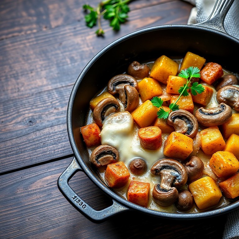 Pilzpfanne mit cremigem Weichkäse und karamellisierten Zwiebeln