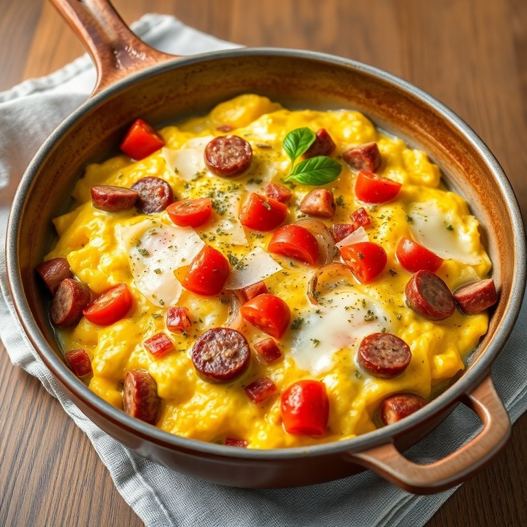 Итальянская яичница с сосисками и твердым сыром