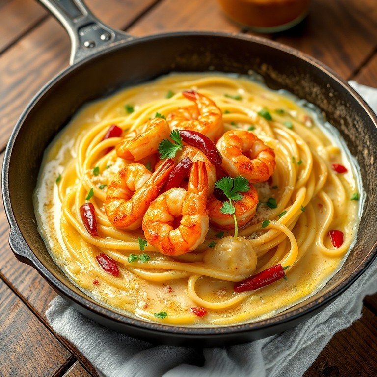 Garnelen-Pasta aus der Pfanne mit Chili und Knoblauch