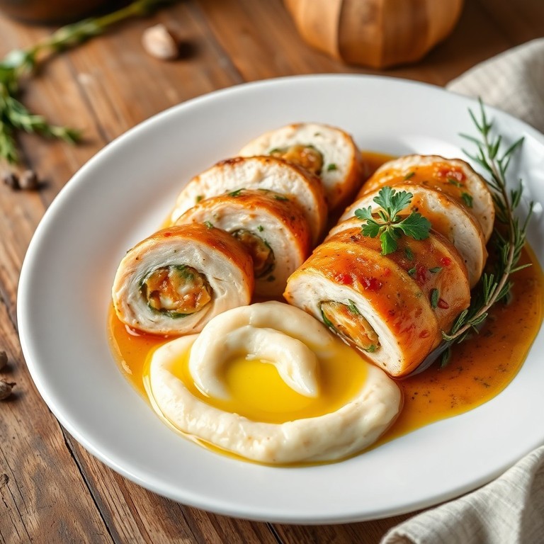 Pollo Relleno en Salsa de Hierbas con Puré de Coliflor al Ajo