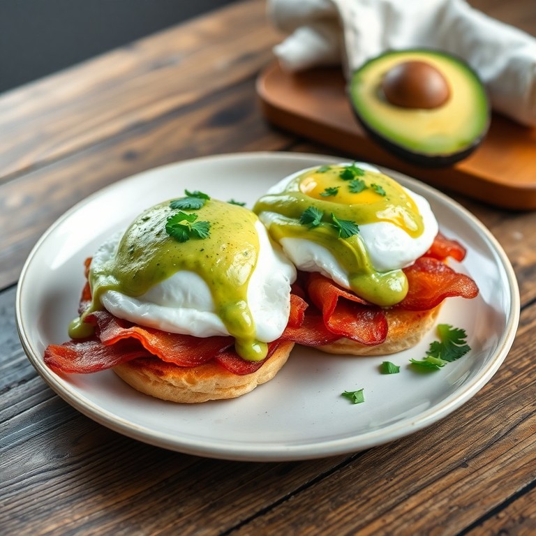 Huevos Benedictinos con Salsa de Aguacate y Tocino