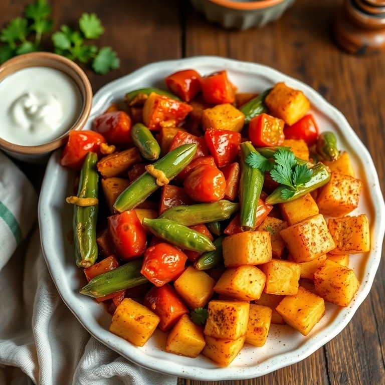 Okra and Tomato Stir-Fry with Spiced Potatoes