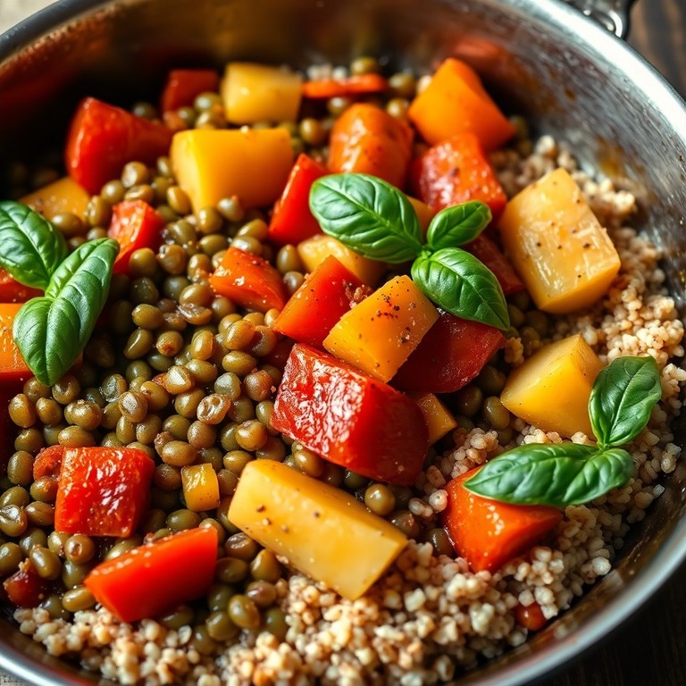 Lentilles sautées aux poivrons, basilic et quinoa