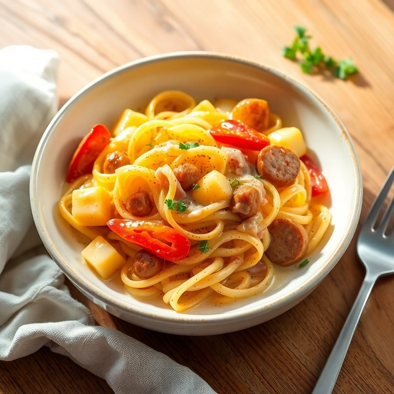 Fideos a la Cremosa con Jamón y Huevo