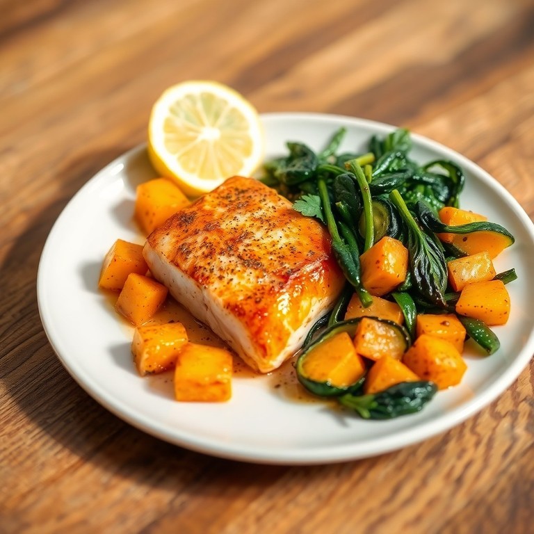 Saumon Vapeur aux Légumes Sautés et Patate Douce Rôtie