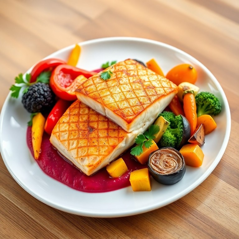 Salmão com Purê de Beterraba e Batata Doce