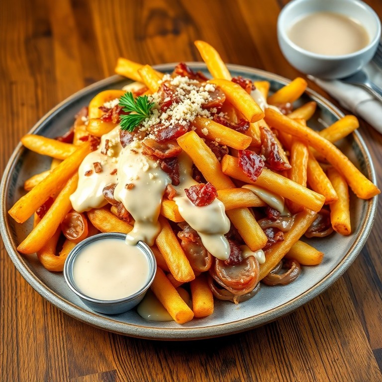 Frites sautées à l'oignon et sauce crémeuse