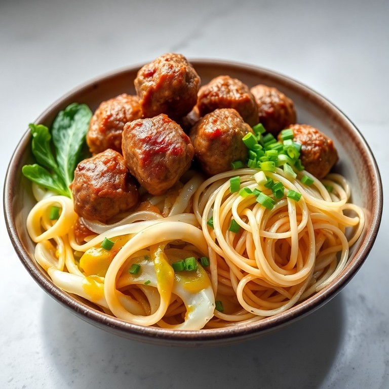 Almôndegas de Carne com Repolho Refogado e Macarrão de Feijão