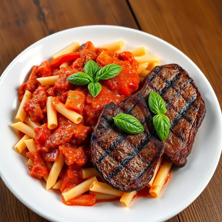 Penne ao Molho de Tomate com Tomate Fresco e Bife Grelhado