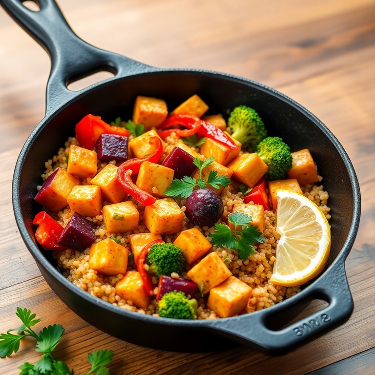 Vegetarische Quinoa-Gemüse-Pfanne mit Roter Beete, Paprika und Tofu