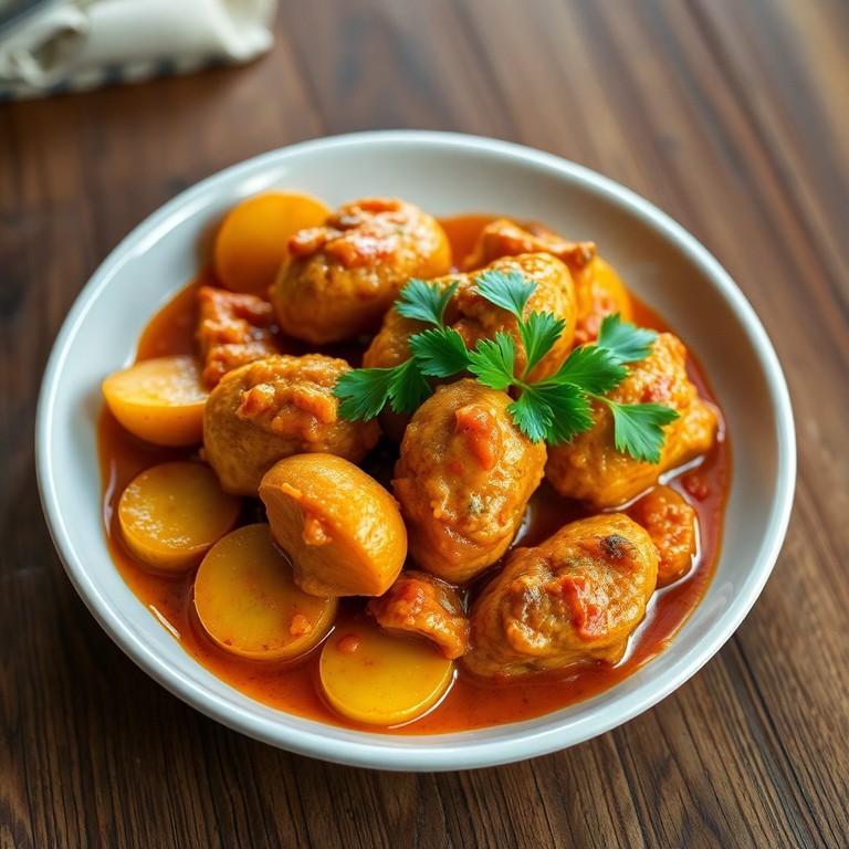 Gebratene Kartoffeln mit Hühnerstücken in Currysauce