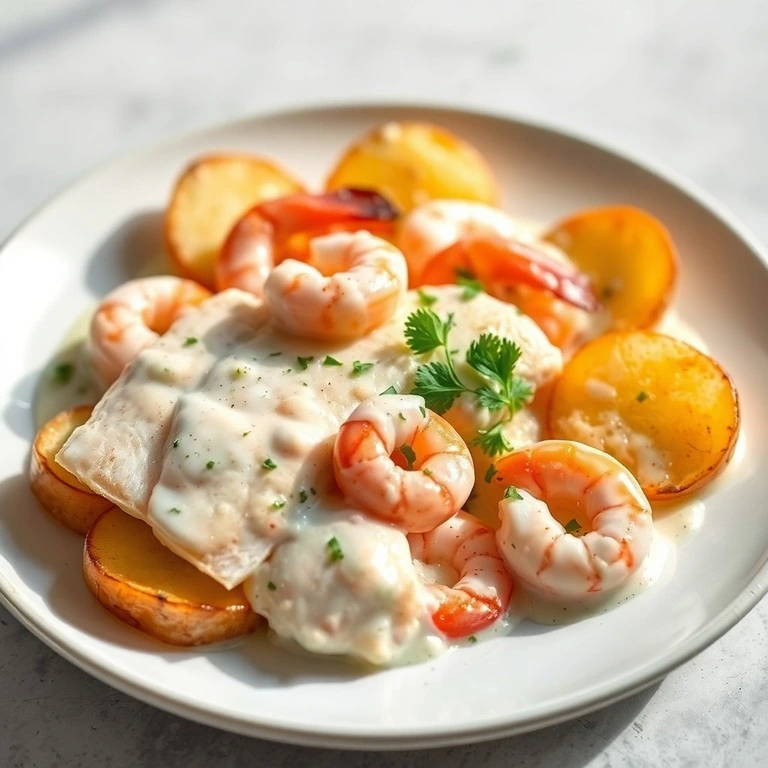 Merluza a la crema con gambas y patatas