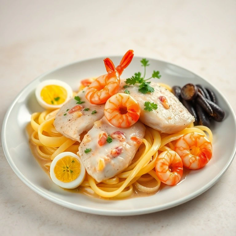 Merluza a la crema con gambas y patatas