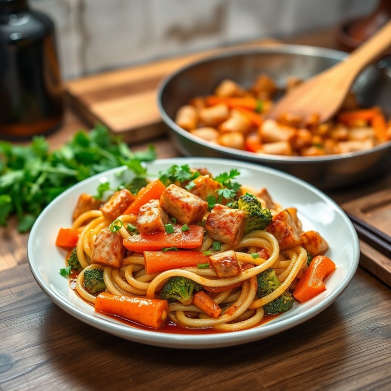 Макароны с соевым соусом, овощами и свининой