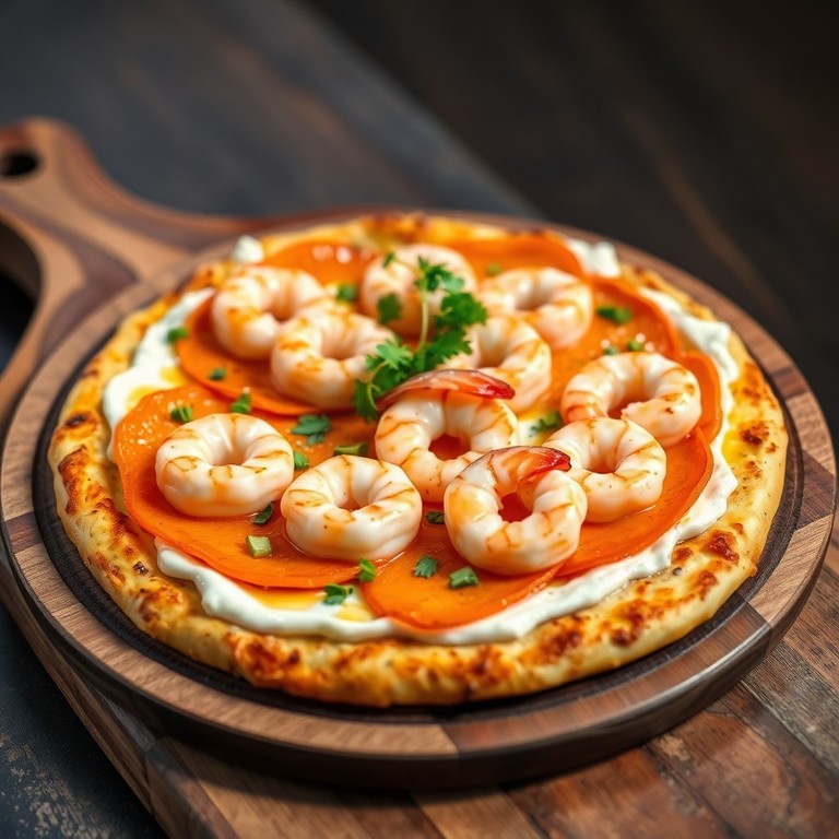 Pizza de Boniato y Queso Crema con Gambas al Ajillo