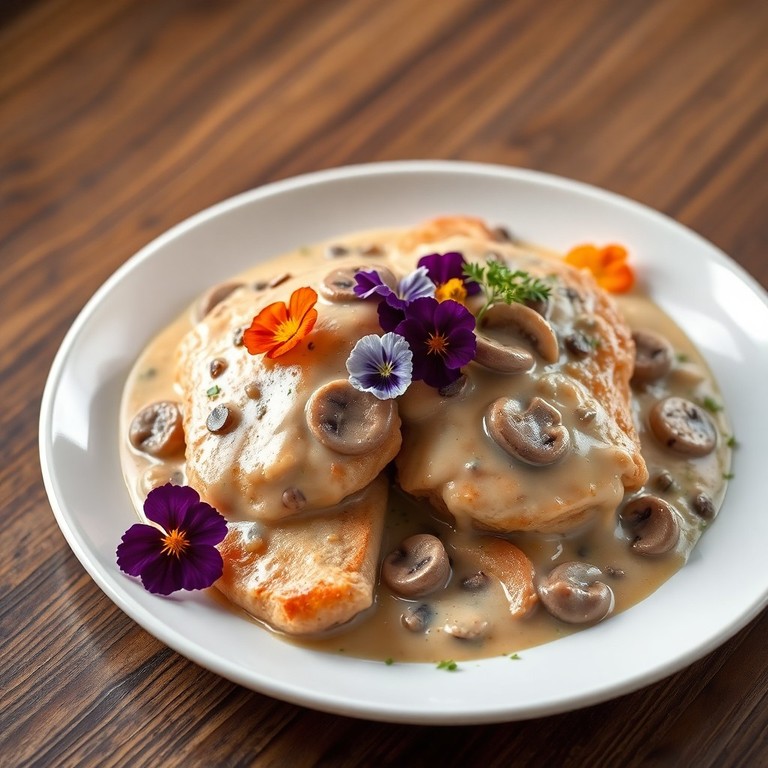 Pollo en salsa cremosa de champiñones y flores comestibles
