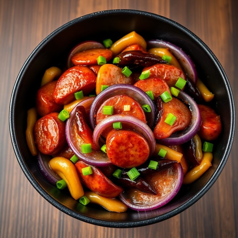 Stir-fry de Calabresa com Cebola Roxa e Feijão Salteado